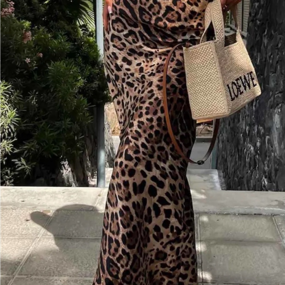 RIVA SATIN LEOPARD PRINT MAXI SKIRT-BROWN